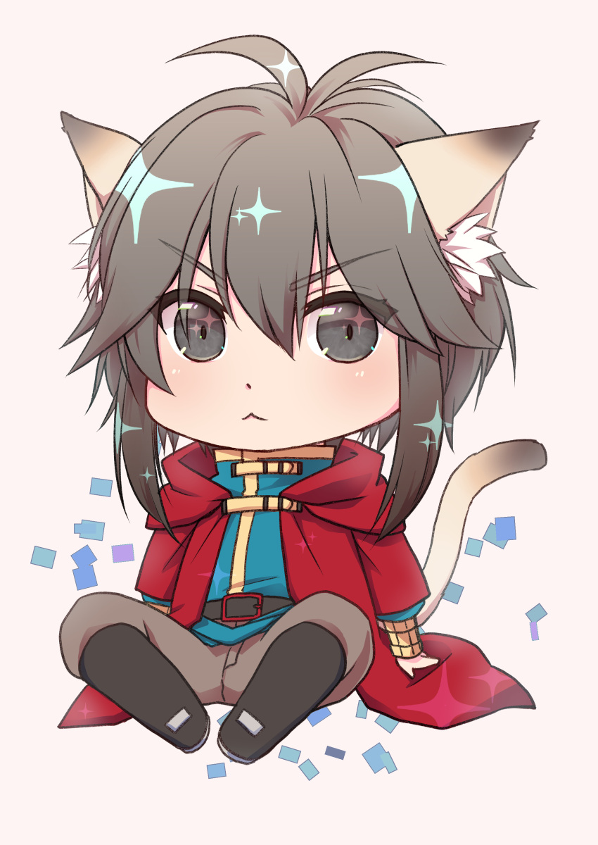 1boy :&lt; absurdres animal_ear_fluff animal_ears antenna_hair bangs belt black_belt black_footwear blue_shirt blush boots brown_hair brown_pants cat_boy cat_ears cat_tail cheshire_(ragnarok_online) chibi cloak closed_mouth commentary_request eyebrows_visible_through_hair full_body grey_eyes hair_between_eyes highres long_sleeves looking_at_viewer male_focus manoji medium_hair pants ragnarok_online red_cloak shirt simple_background solo sparkling_eyes tail v-shaped_eyebrows white_background