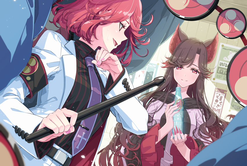 2girls animal_ears armband bangs belt black_shirt bottle breasts brooch brown_hair commentary_request commission curtains dress drum drumsticks fingernails frilled_sleeves frills highres holding holding_drumsticks horikawa_raiko imaizumi_kagerou indoors instrument jewelry long_fingernails long_hair long_sleeves medium_breasts mitsudomoe_(shape) multiple_girls necktie open_mouth poster_(object) purple_neckwear red_eyes red_nails redhead sakuraba_yuuki shirt skeb_commission smile striped striped_shirt sweat tie_clip tomoe_(symbol) touhou upper_body very_long_fingernails white_dress wide_sleeves wolf_ears