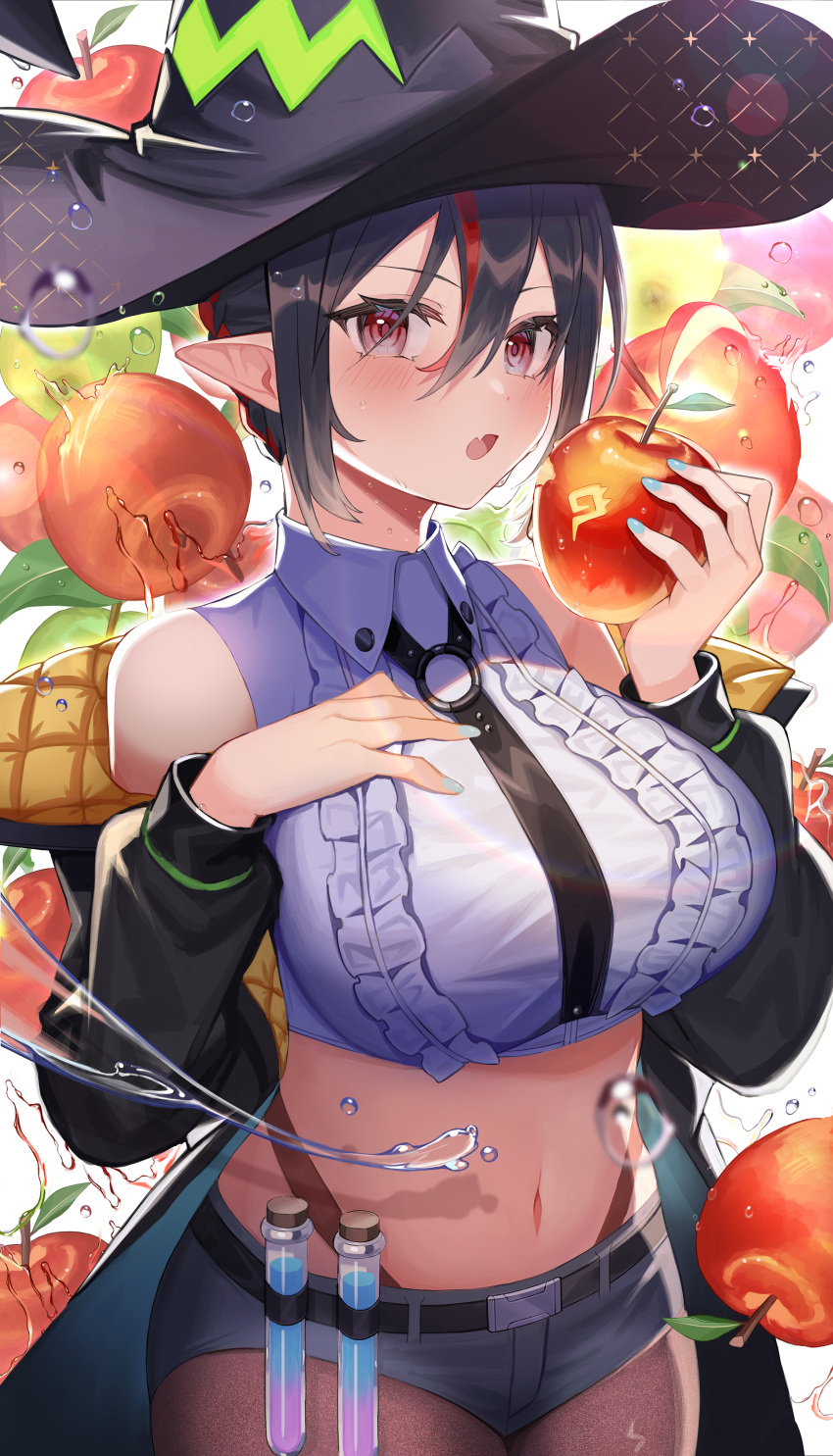 1girl :o absurdres amahara_subaru apple bangs bare_shoulders black_hair black_headwear black_jacket black_shorts blue_nails blush breasts brown_legwear collared_shirt commentary_request cowboy_shot crop_top eating eyebrows_visible_through_hair fang food frilled_shirt frills fruit fruit_background hair_between_eyes hand_on_own_chest hands_up hat highres holding holding_food holding_fruit indie_virtual_youtuber isonade_orca jacket large_breasts long_sleeves looking_at_viewer micro_shorts multicolored_hair nail_polish navel off_shoulder open_clothes open_jacket pantyhose pointy_ears puffy_long_sleeves puffy_sleeves red_eyes redhead shirt short_hair shorts sidelocks skin_fang solo standing stomach streaked_hair test_tube virtual_youtuber white_shirt witch_hat