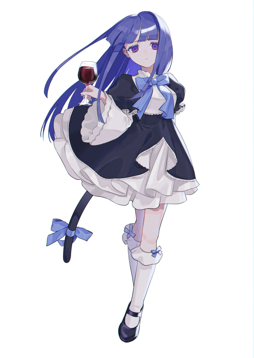 1girl 3shine_02 absurdres alcohol bangs black_dress black_footwear blue_bow blue_hair blue_ribbon blunt_bangs blunt_ends bow cat_tail closed_mouth cup dress drinking_glass empty_eyes expressionless eyebrows_visible_through_hair frederica_bernkastel frilled_dress frills full_body highres holding holding_cup kneehighs layered_sleeves long_hair long_sleeves looking_at_viewer puffy_short_sleeves puffy_sleeves ribbon shoes short_over_long_sleeves short_sleeves simple_background solo standing tachi-e tail tail_ornament tail_ribbon umineko_no_naku_koro_ni violet_eyes white_background white_legwear wide_sleeves wine wine_glass
