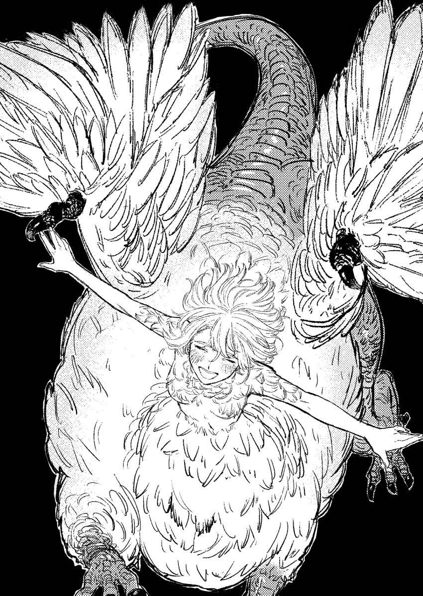 1girl bangs black_background blush breasts centauroid chimera claws closed_eyes commentary_request dragon_tail dungeon_meshi eyebrows_behind_hair falin_thorden feathered_wings feathers floating_hair flying greyscale hair_between_eyes highres large_breasts monochrome monster_girl navel open_mouth outstretched_arms short_hair sidelocks simple_background smile solo spoilers stomach tail talons taur teeth thick_eyebrows toshio_(zxmsry) under_boob upper_teeth wings
