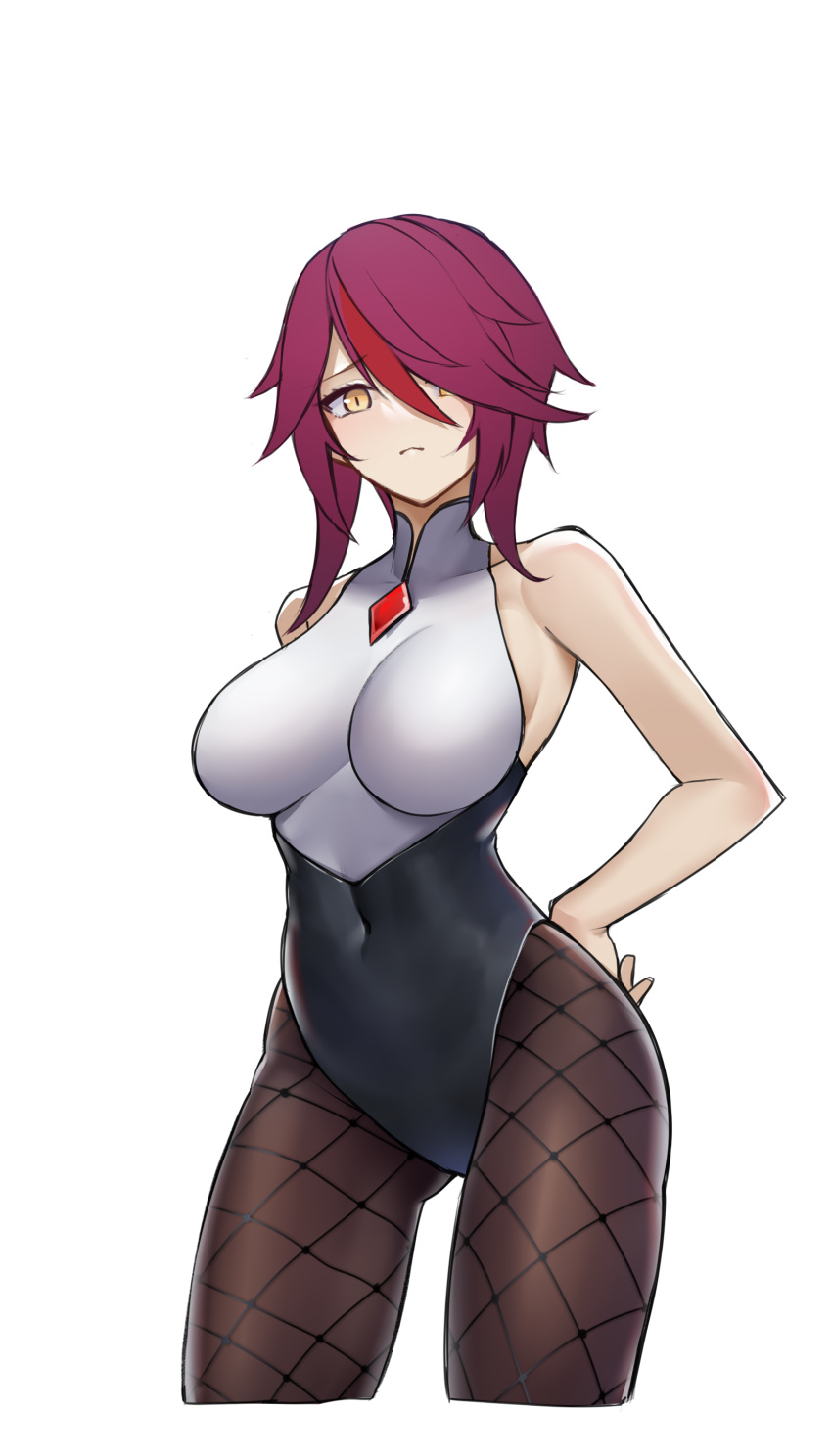 1girl absurdres bare_shoulders breasts brown_legwear closed_mouth covered_navel fishnet_legwear fishnets genshin_impact hair_between_eyes hair_over_one_eye hand_on_hip highres large_breasts looking_at_viewer multicolored_hair pantyhose purple_hair redhead rosaria_(genshin_impact) simple_background solo standing streaked_hair terebi_(shimizu1996) thighs white_background yellow_eyes