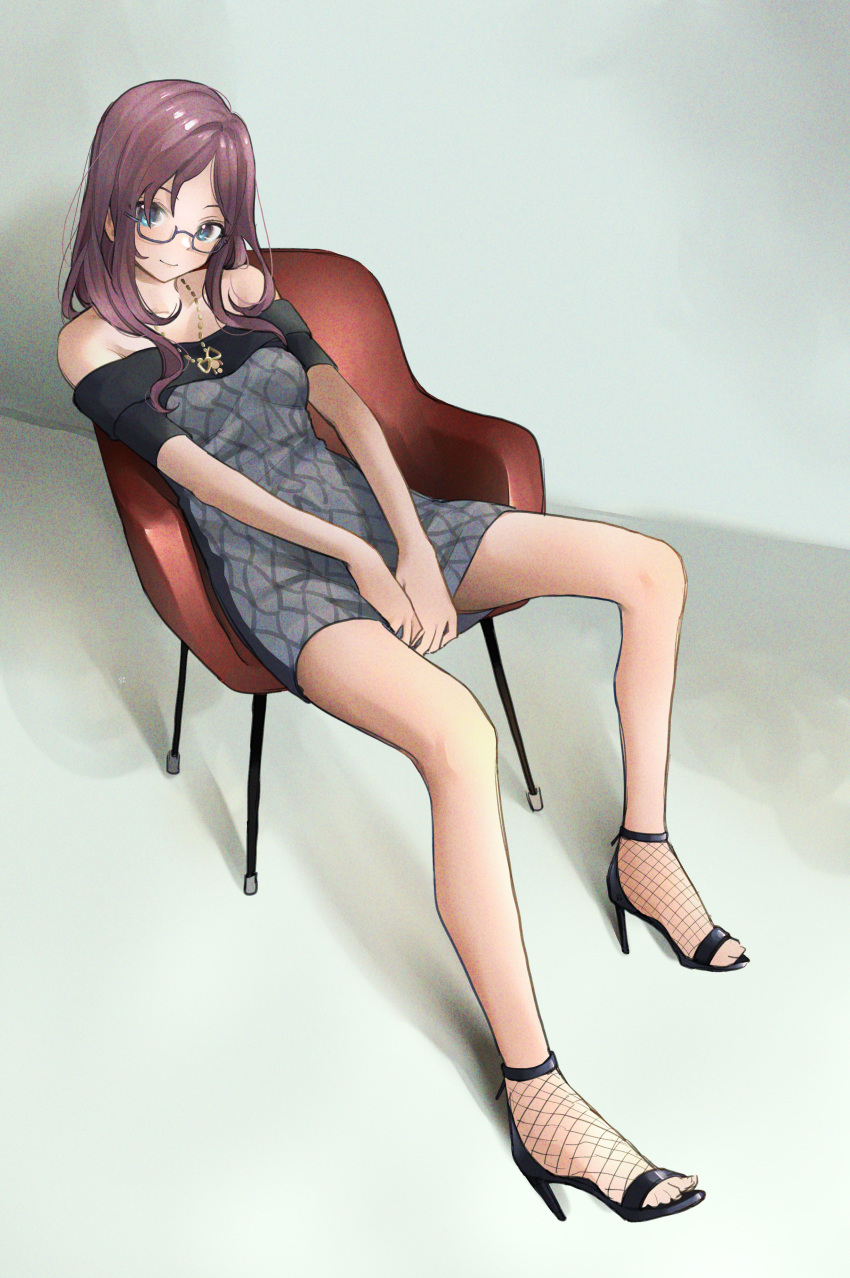1girl absurdres arms_between_legs bare_legs dress fishnets full_body high_heels highres idolmaster idolmaster_cinderella_girls jewelry leaning_back looking_at_viewer necklace ningen_mame off-shoulder_dress off_shoulder on_chair patterned_clothing purple_hair semi-rimless_eyewear sitting smile solo yagami_makino