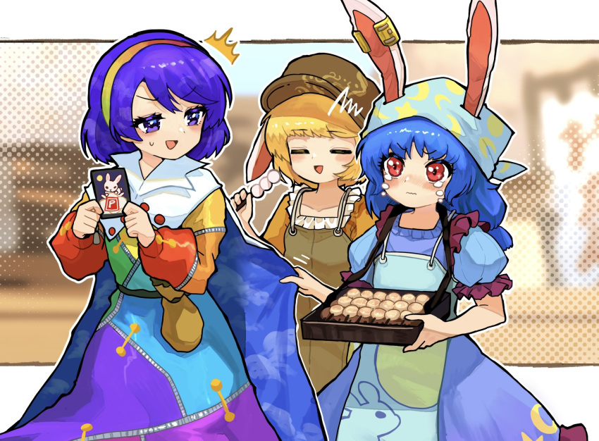 3girls ^^^ animal_ears animal_print apron bangs blonde_hair blue_dress blue_hair blue_headwear brown_bag brown_headwear bunny_print cabbie_hat cape cape_grab card closed_eyes commentary crescent crying crying_with_eyes_open dango dress earclip ears_through_headwear food hairband hat head_scarf highres holding howhow_notei long_hair long_sleeves medium_hair multicolored multicolored_clothes multicolored_dress multiple_girls open_mouth pouch puffy_short_sleeves puffy_sleeves purple_hair rabbit_ears rainbow_gradient red_eyes ringo_(touhou) seiran_(touhou) short_sleeves sky_print smile star_(symbol) star_print tears tenkyuu_chimata touhou tray two-sided_cape two-sided_fabric violet_eyes wagashi white_cape yellow_dress