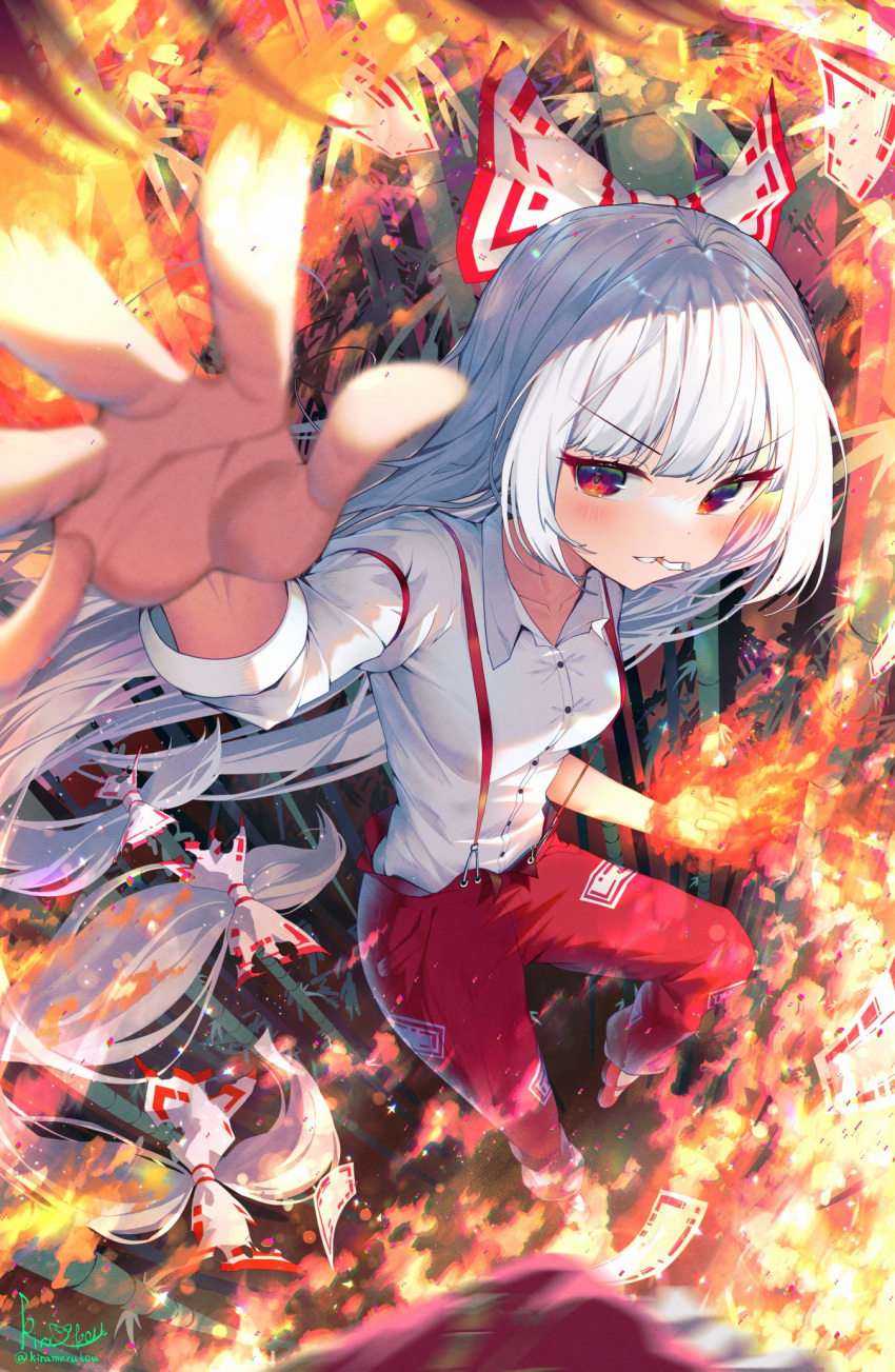 1girl arm_garter artist_name bamboo bamboo_forest bangs blue_eyes blurry blurry_foreground blush bow breasts burnt_clothes buttons cigarette clenched_hand collarbone collared_shirt commentary eyebrows_visible_through_hair fire flaming_hand floating_hair foreshortening forest fujiwara_no_mokou green_eyes hair_bow highres hime_cut kiramarukou long_hair long_sleeves looking_at_viewer mary_janes multicolored multicolored_eyes nature ofuda ofuda_on_clothes open_hand orange_eyes outstretched_arm outstretched_hand pants reaching_out red_bow red_eyes red_footwear red_pants shirt shoes sidelocks signature small_breasts smile sparkle suspenders teeth_hold touhou twitter_username two-tone_bow v-shaped_eyebrows very_long_hair white_bow white_hair white_shirt