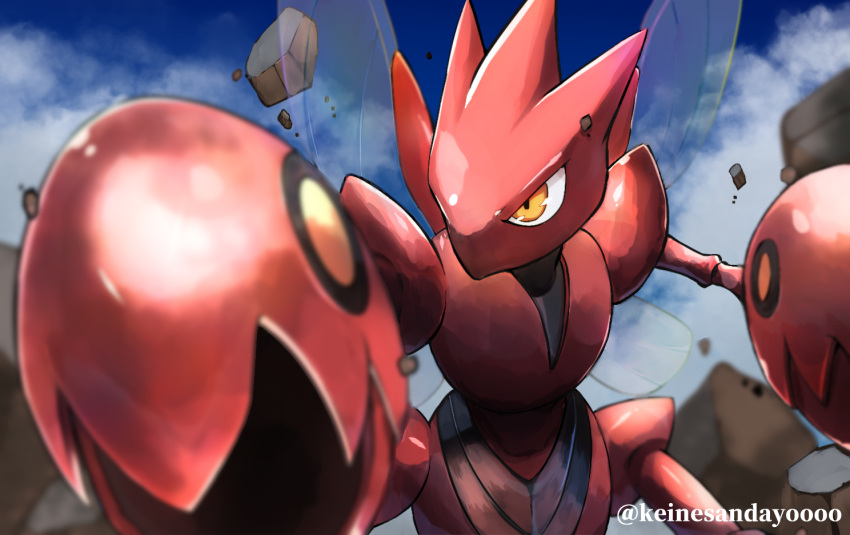 blurry clouds commentary_request day keinesandayoooo legs_apart no_humans orange_eyes outdoors pokemon pokemon_(creature) rock scizor shiny sky solo