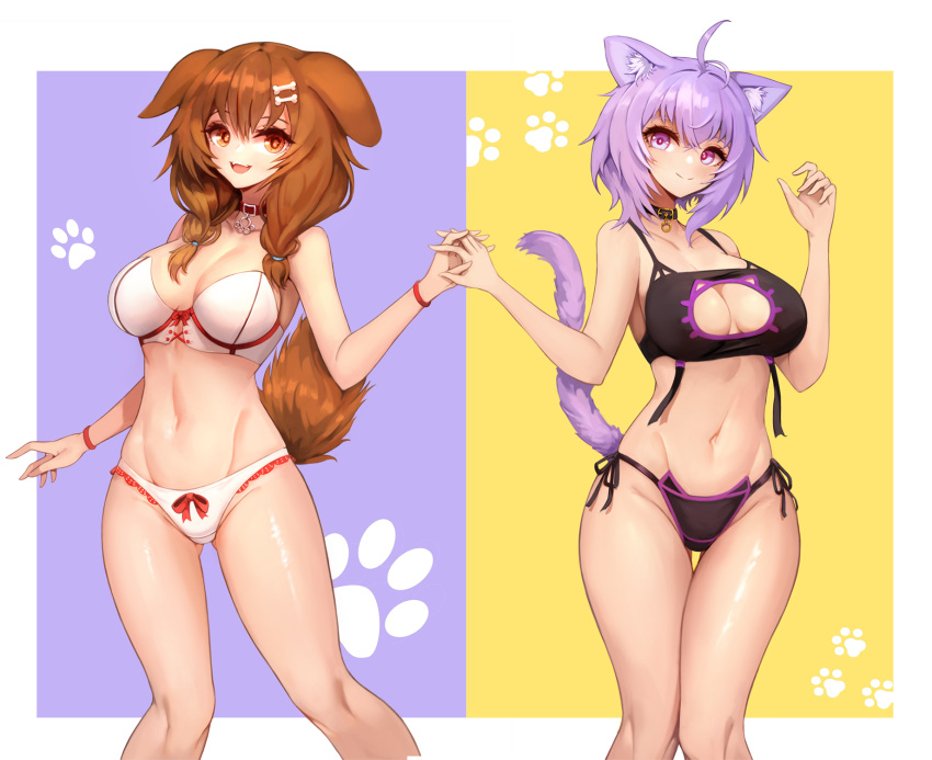 2girls :d ahoge animal_collar animal_ear_fluff animal_ears bangs black_bra black_collar black_panties bone_hair_ornament bow bow_bra bow_panties bra braid breasts brown_eyes brown_hair cartoon_bone cat_cutout cat_ear_panties cat_ears cat_girl cat_lingerie cat_tail cleavage_cutout closed_mouth clothing_cutout collar collarbone commentary crossed_bangs dog_ears dog_girl dog_tail english_commentary groin hair_between_eyes hair_ornament hair_over_shoulder hand_up head_tilt highres holding_hands hololive inugami_korone large_breasts long_hair looking_at_viewer meme_attire multiple_girls navel nekomata_okayu notte open_mouth panties paw_print paw_print_background purple_background purple_hair red_bow red_collar shiny shiny_skin short_hair side-tie_panties side_braids smile standing stomach strapless strapless_bra tail thigh_gap twin_braids two-tone_background underwear underwear_only violet_eyes virtual_youtuber white_bra white_panties wristband yellow_background