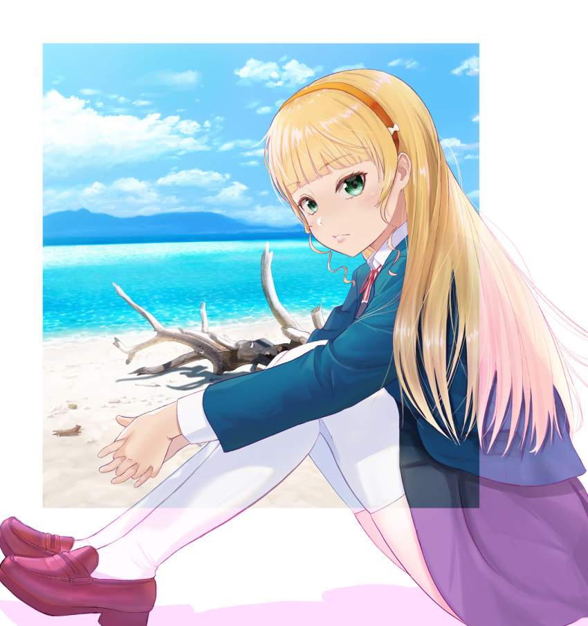 1girl bangs beach blonde_hair blue_jacket blue_sky blunt_bangs branch brown_footwear clouds commentary_request green_eyes hairband heanna_sumire highres jacket light_blush loafers long_sleeves looking_at_viewer love_live! love_live!_superstar!! mountain netsuka ocean on_ground orange_hairband parted_lips school_uniform shoes sitting sky solo thigh-highs yuigaoka_school_uniform zettai_ryouiki
