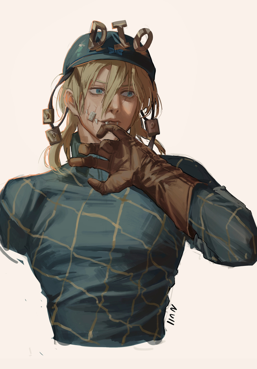 1boy absurdres bandaid blonde_hair diego_brando fangs fangs_out gloves green_eyes hat helmet highres jojo_no_kimyou_na_bouken looking_to_the_side male_focus null_(skev7724) solo steel_ball_run sweater turtleneck