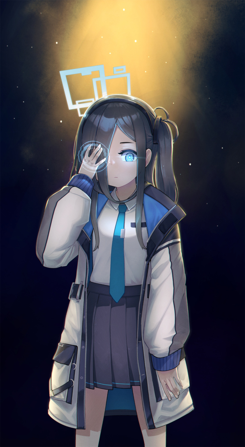 1girl arisu_(blue_archive) blue_archive blue_eyes dark_blue_hair glowing glowing_eye hair_ornament hair_over_one_eye halo headband highres hologram jacket jacy light long_hair looking_at_viewer necktie school_uniform simple_background solo