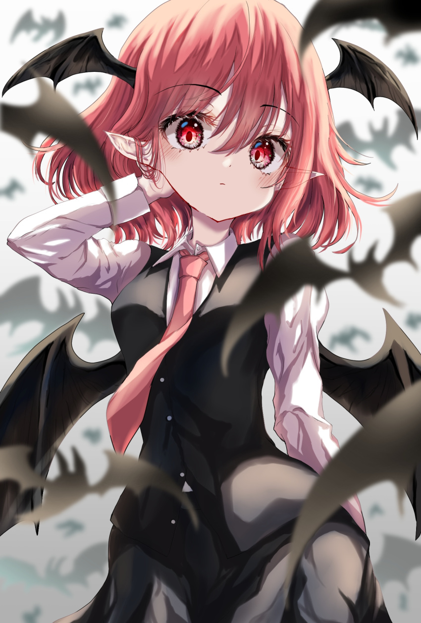 1girl bat bat_wings demon_wings head_wings highres kayon_(touzoku) koakuma library pointy_ears red_eyes redhead short_hair solo touhou voile wings