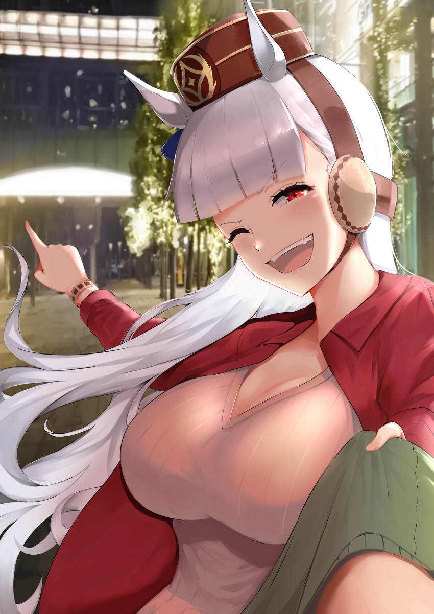 1girl :d absurdres animal_ears bangs blunt_bangs breasts city commentary_request dating gold_ship_(umamusume) grey_hair grin highres horse_ears horse_girl jacket large_breasts long_hair nenma night one_eye_closed open_clothes open_jacket open_mouth outdoors pillbox_hat pink_shirt red_eyes red_jacket shirt shirt_grab smile solo_focus umamusume upper_body