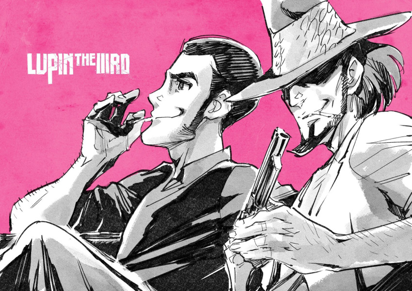 2boys ahn_dongshik arm_hair arsene_lupin_iii beard black_shirt cigarette facial_hair greyscale gun highres holding holding_cigarette holding_gun holding_weapon jigen_daisuke looking_at_viewer lupin_iii monochrome multiple_boys pink_background shirt weapon