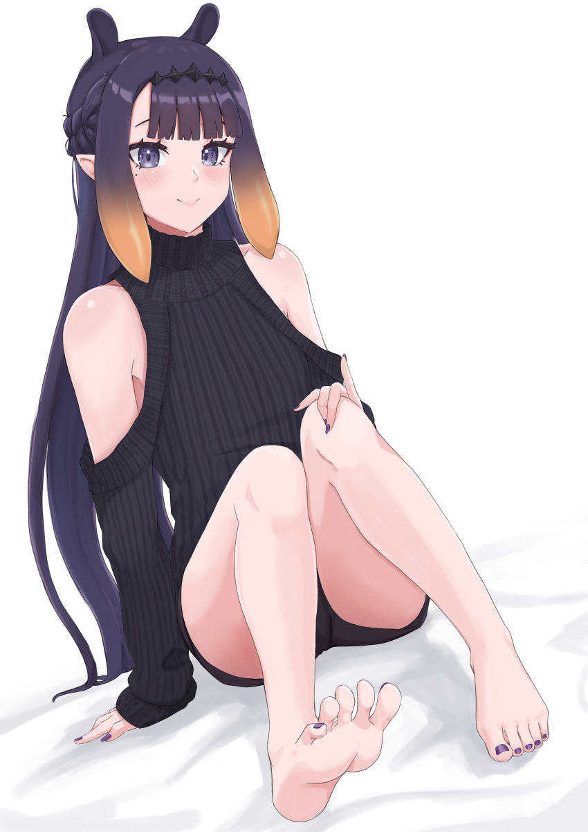 1girl absurdres animal_ears black_sweater casual clothing_cutout highres hololive hololive_english kuon_bb long_hair looking_at_viewer mole mole_under_eye nail_polish ninomae_ina'nis pointy_ears purple_hair purple_nails ribbed_sweater shoulder_cutout sidelocks simple_background smile solo sweater tentacle_hair toenail_polish toenails turtleneck turtleneck_sweater very_long_hair violet_eyes virtual_youtuber white_background