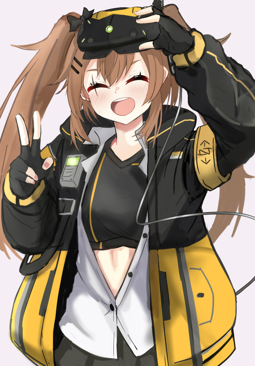 1girl adjusting_goggles bangs black_gloves blush bow breasts brown_hair closed_eyes collared_shirt commentary_request fingerless_gloves girls_frontline gloves goggles goggles_on_head hair_between_eyes hair_bow hair_ornament hairclip head_mounted_display highres jacket koenza_botoke long_hair midriff_peek mod3_(girls'_frontline) open_clothes open_jacket open_mouth open_shirt scar scar_across_eye shirt simple_background skirt smile solo sports_bra twintails ump9_(girls'_frontline) upper_body v white_shirt