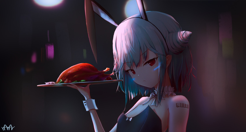 absurdres android animal_ears bangs barcode black_leotard blue_hair bunny_girl_android eyebrows_visible_through_hair fake_animal_ears food frown guardian_tales highres holding holding_plate leotard looking_at_viewer oversized_breast_cup plate playboy_bunny rabbit_ears ranai red_eyes short_hair signature sleeveless solo upper_body wrist_cuffs