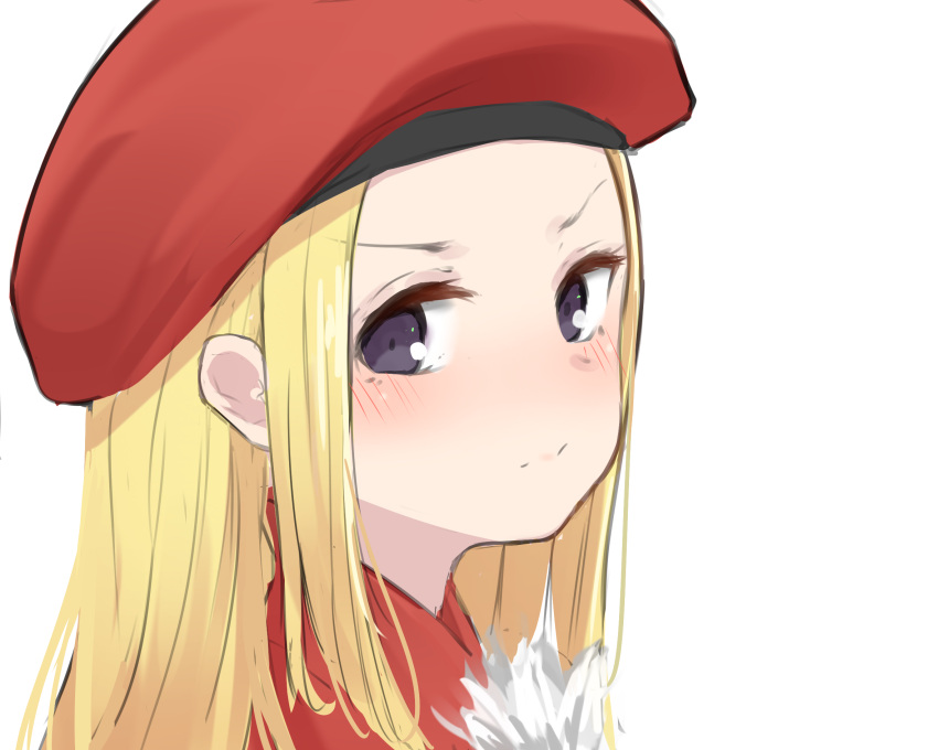 1girl bangs belfraw_martini beret blonde_hair blush closed_mouth dress forehead from_side hat highres isobe_eiji long_hair looking_at_viewer looking_to_the_side parted_bangs red_dress red_headwear simple_background solo summon_night summon_night_3 v-shaped_eyebrows violet_eyes white_background