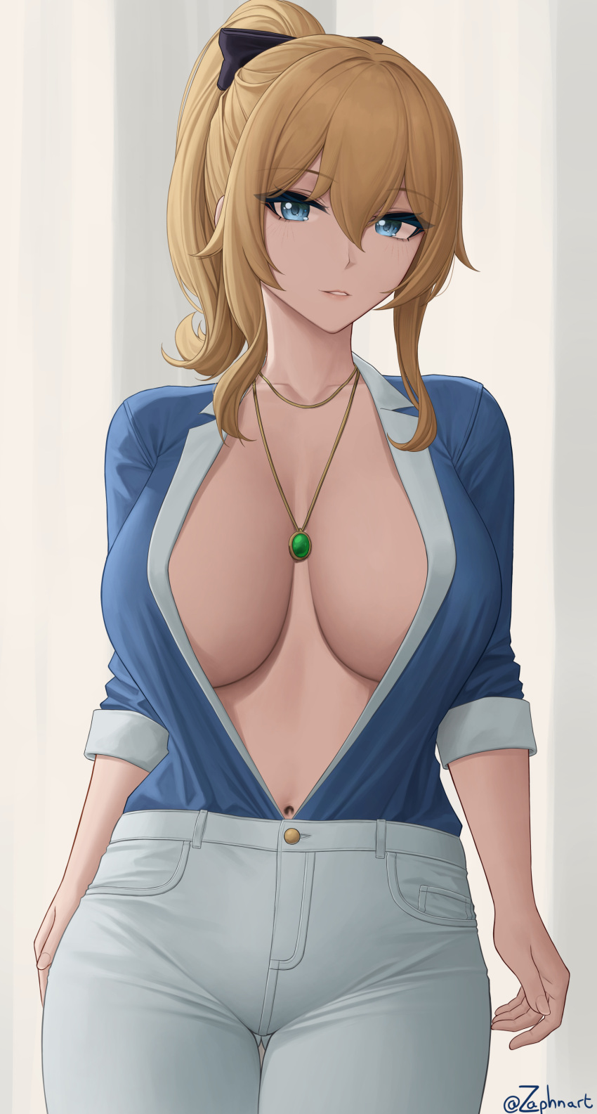 1girl absurdres blonde_hair blue_eyes blue_shirt breasts cowboy_shot denim genshin_impact highres jean_(genshin_impact) jeans jewelry large_breasts lips navel necklace open_clothes open_shirt pants parted_lips ponytail shirt shirt_tucked_in solo thigh_gap zaphn