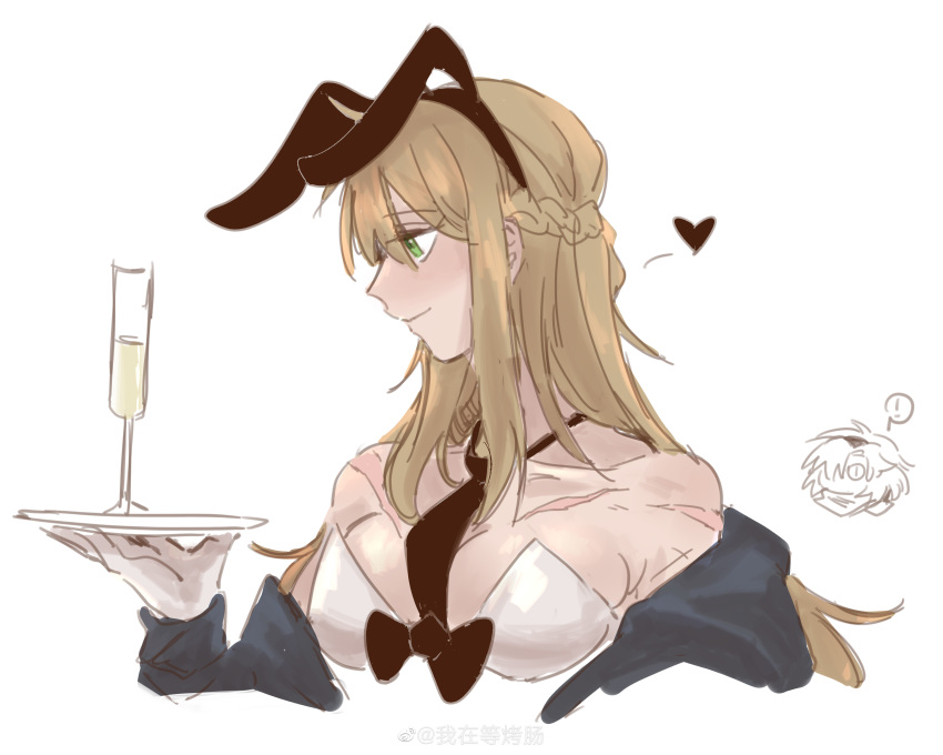 1girl absurdres animal_ears blonde_hair bow bowtie braid breasts coat cup drinking_glass fake_animal_ears from_side glasses green_eyes highres holding holding_plate long_hair necktie original plate playboy_bunny rabbit_ears simple_background smile upper_body white_background wine_glass wozaidengkaochang