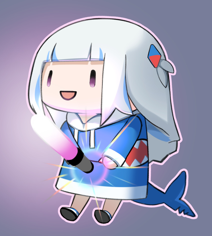 1girl absurdres blue_hoodie chibi fish_tail gawr_gura glowstick hair_ornament highres hololive hololive_english hood hoodie multicolored_hair open_mouth phallic_symbol shark_tail simple_background solo ssogari streaked_hair tail virtual_youtuber white_hair