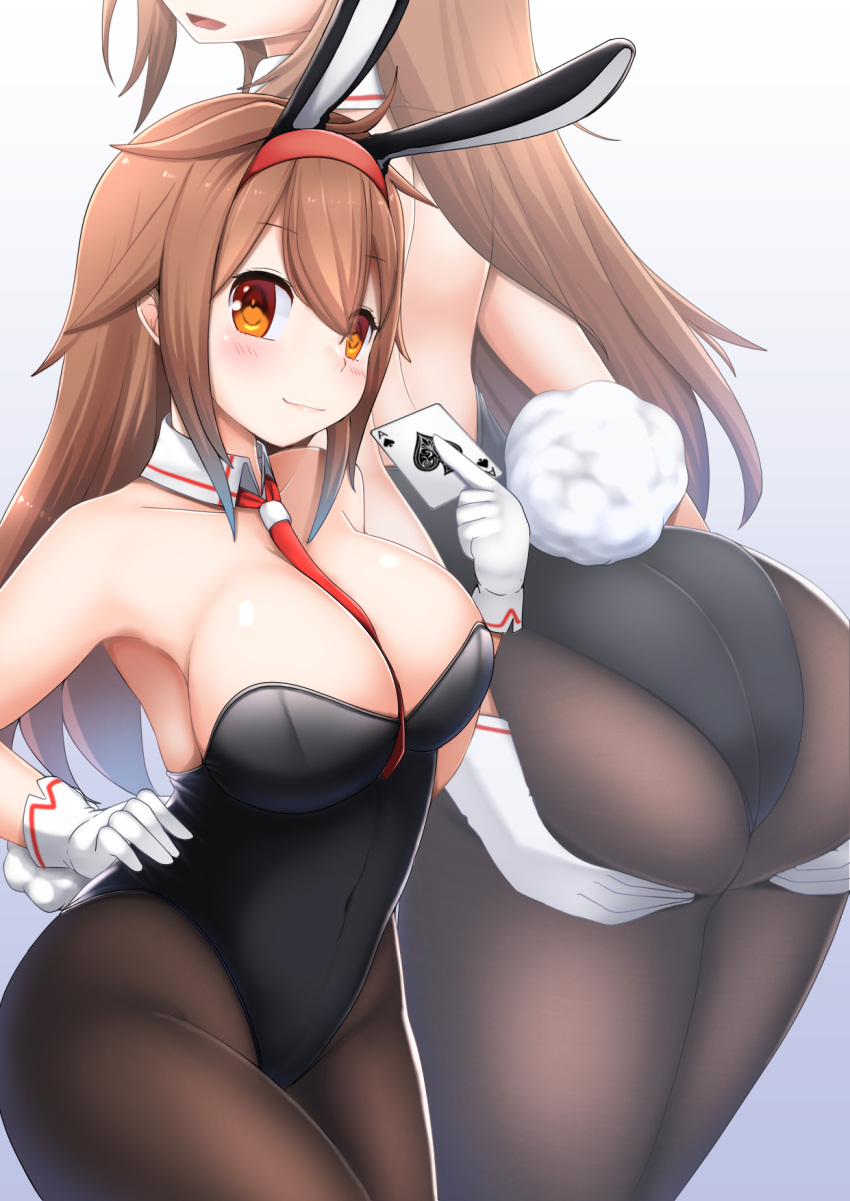 1girl animal_ears black_legwear black_leotard blush breasts brown_eyes brown_hair card closed_mouth commentary eyebrows_visible_through_hair fake_animal_ears fake_tail gloves hair_between_eyes hair_flaps hairband hand_on_hip hands_on_own_ass highres holding kantai_collection large_breasts leotard long_hair necktie pantyhose playboy_bunny rabbit_ears rabbit_tail red_hairband red_neckwear selvalanch shiratsuyu_(kancolle) simple_background smile solo tail white_background white_gloves