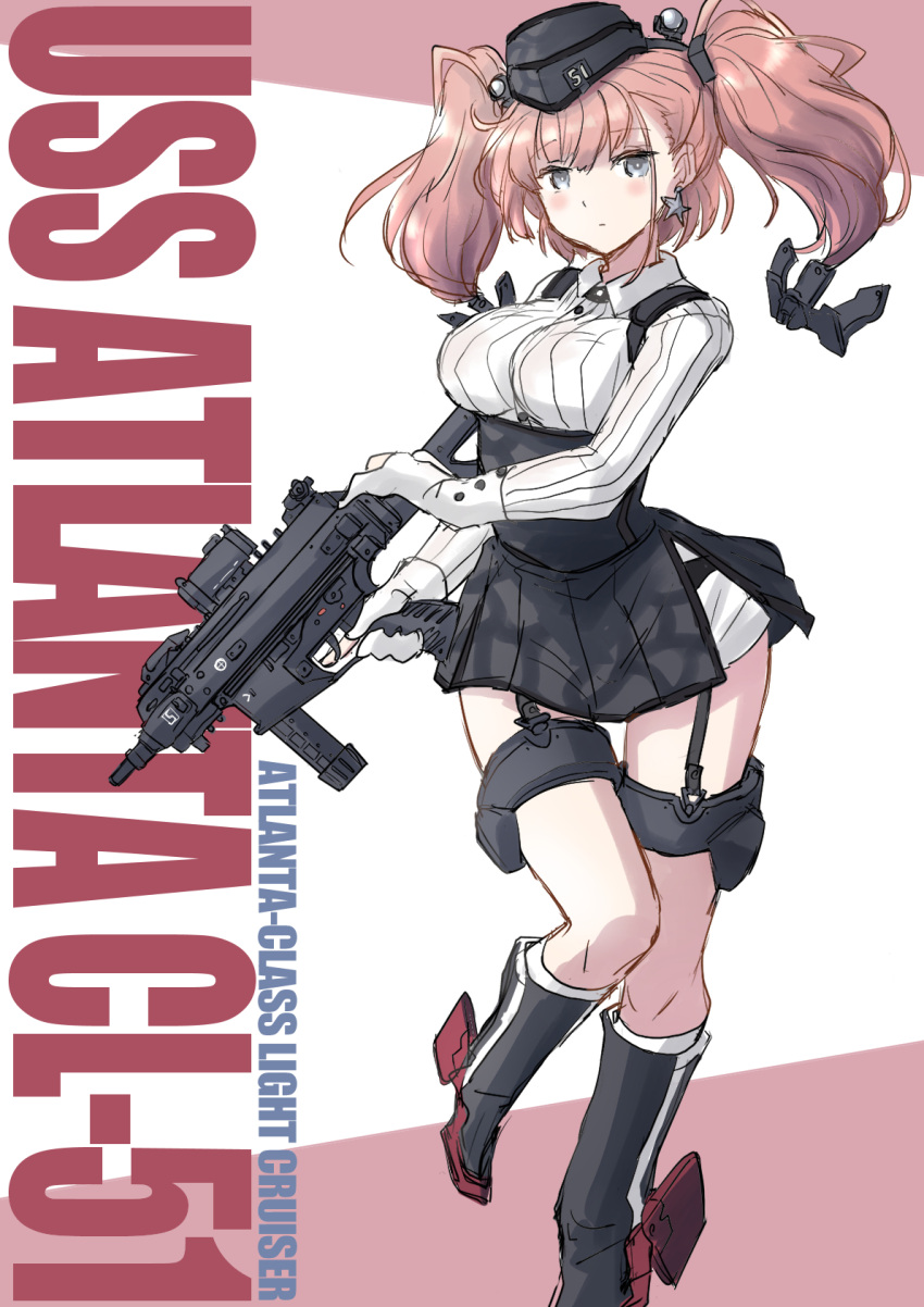 1girl anchor_hair_ornament atlanta_(kancolle) black_footwear black_headwear black_skirt boots breasts brown_hair character_name dress_shirt earrings fuji_(pixiv24804665) garrison_cap garter_straps gloves grey_eyes gun hair_ornament hat high-waist_skirt highres holding holding_gun holding_weapon jewelry kantai_collection large_breasts long_hair long_sleeves partially_fingerless_gloves rudder_footwear shirt skirt solo star_(symbol) star_earrings suspender_skirt suspenders thigh_strap two_side_up weapon weapon_request white_gloves white_shirt