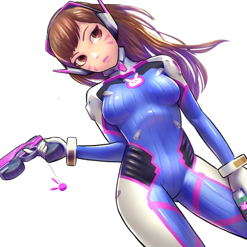 1girl animal_print bangs blue_bodysuit bmo_art bodysuit breasts brown_eyes brown_hair bunny_print can charm_(object) covered_navel cowboy_shot d.va_(overwatch) facepaint facial_mark facing_viewer finger_on_trigger gun handgun headphones holding holding_can holding_gun holding_weapon long_hair medium_breasts overwatch pilot_suit pink_lips pistol ribbed_bodysuit shoulder_pads sideways_glance simple_background skin_tight soda_can solo swept_bangs weapon whisker_markings white_background