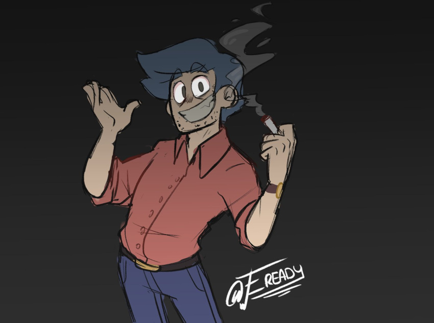 1boy blue_hair cigarette f_readygo father_fairest friday_night_funkin' friday_night_funkin'_soft green_eyes grey_background grin holding holding_cigarette looking_at_viewer male_focus pants shirt simple_background smoke solo standing stubble teeth twitter_username