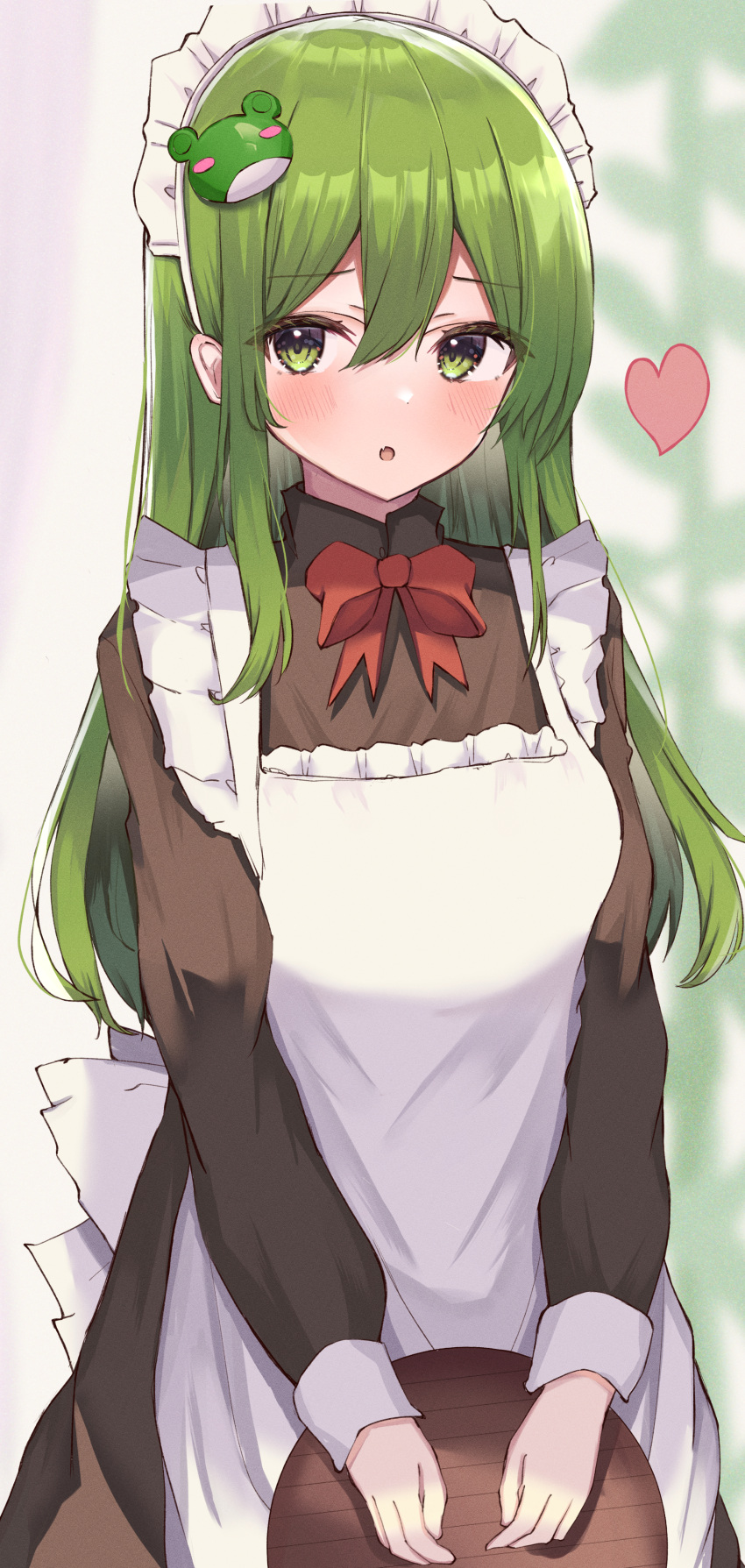 1girl absurdres alternate_costume aohane apron bangs blurry blurry_background blush bow breasts collared_shirt commentary_request enmaided fang frog_hair_ornament green_eyes green_hair hair_ornament heart highres kochiya_sanae long_hair long_sleeves maid maid_apron maid_headdress medium_breasts red_bow red_neckwear shirt sidelocks skin_fang solo standing touhou tray upper_body wing_collar