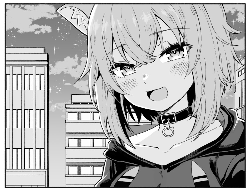 1girl animal_collar animal_ears breasts building cat_ears cat_girl clouds collar collarbone eyebrows_visible_through_hair eyes_visible_through_hair greyscale hololive medium_breasts monochrome nekomata_okayu open_mouth sky smile solo sweater virtual_youtuber watanabe_masafumi_(masafumi_127)