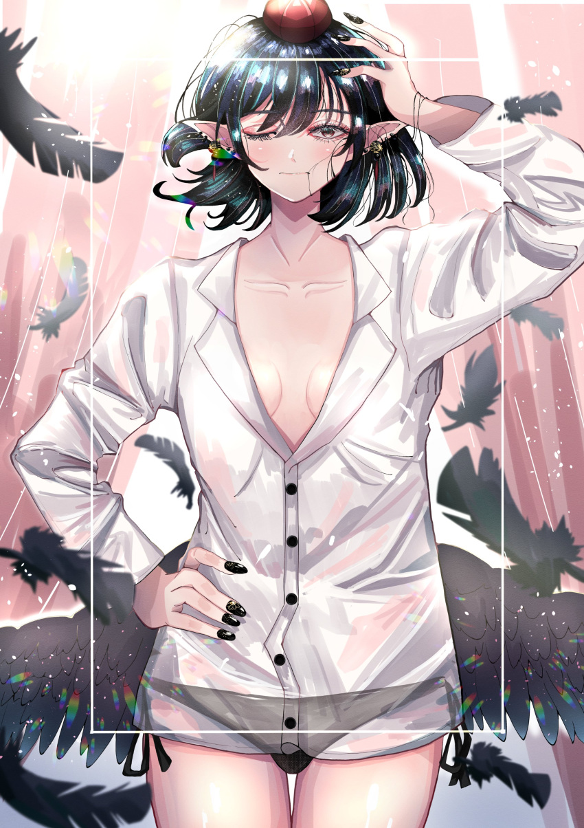 1girl ;| absurdres bangs bird_wings black_eyes black_hair black_panties black_wings breasts breasts_apart buttons collarbone commentary_request dress_shirt ear_piercing eyelashes feathered_wings feathers fingernails hair_in_mouth hand_on_hip hand_up hat highres light_blush long_fingernails long_sleeves looking_at_viewer medium_breasts one_eye_closed panties piercing pointy_ears shameimaru_aya shirt short_hair skirt skirt_removed solo standing thighs tokin_hat touhou underwear upper_body user_fmhu5752 waking_up white_shirt wings