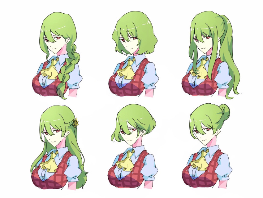 1girl alternate_hair_length alternate_hairstyle ascot bangs braid breasts collared_shirt commentary_request cropped_torso flower french_braid hair_flower hair_ornament highres kazami_yuuka large_breasts long_hair looking_at_viewer plaid plaid_vest ponytail puffy_short_sleeves puffy_sleeves red_eyes shirt short_hair short_sleeves sidelocks simple_background smile solo sunflower tied_hair tohoyuukarin touhou vest white_background white_shirt wing_collar yellow_neckwear