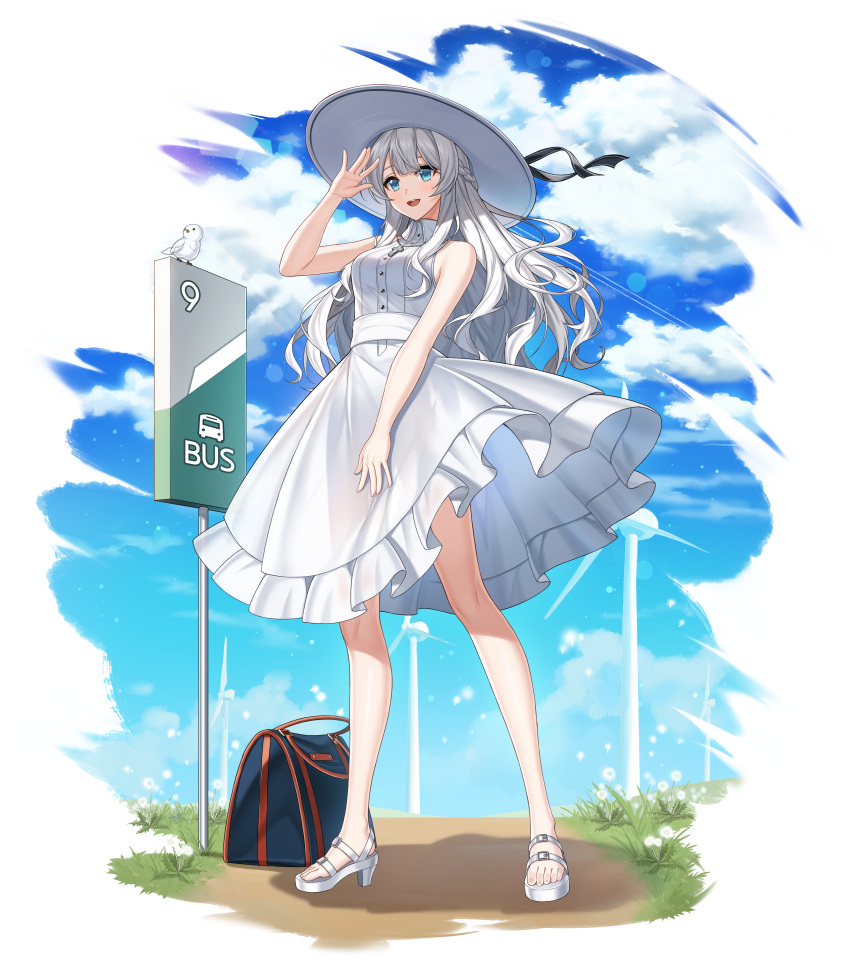 1girl absurdres alpha_transparency alternate_costume bag bare_shoulders bird blue_eyes blue_sky braid bus_stop_sign claudia_nelson clouds counter_side cross dress full_body hat high_heels highres knees long_hair official_alternate_costume official_art open_mouth sky sleeveless teeth upper_teeth white_hair windmill