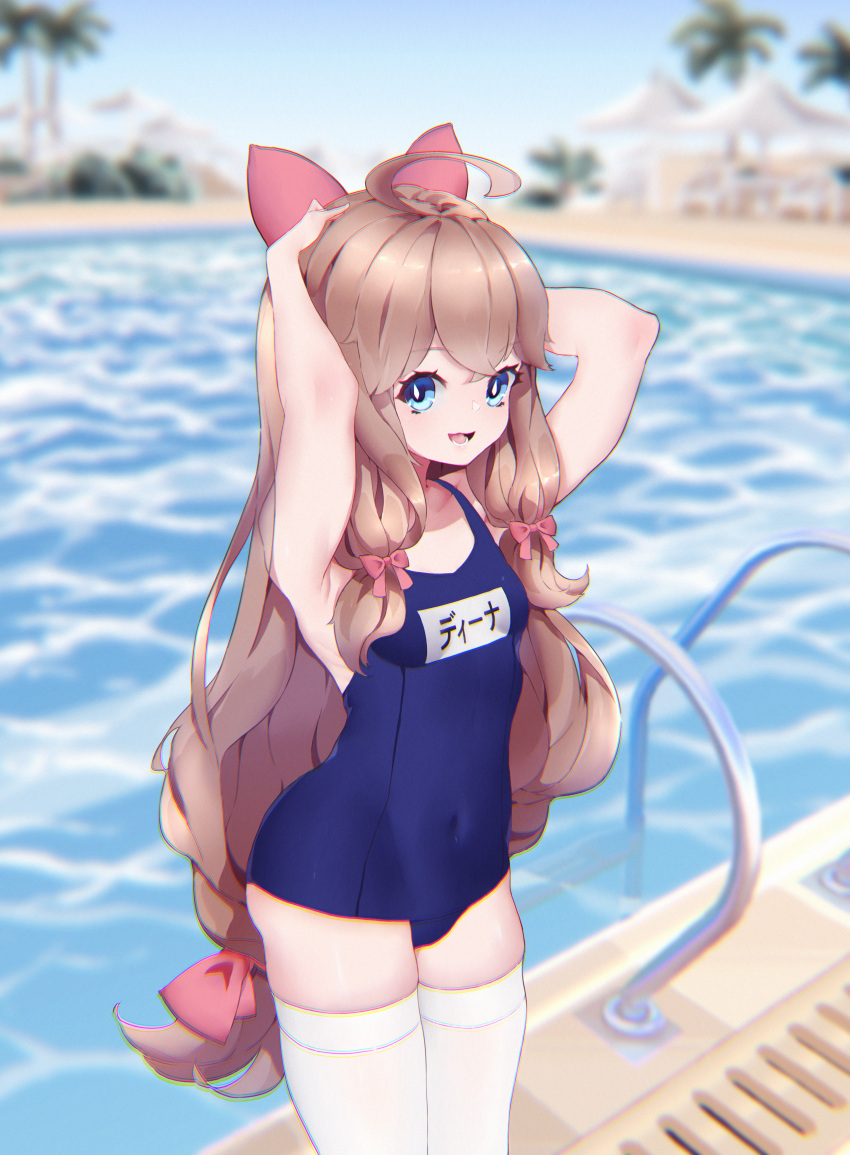 1girl a-soul absurdres ahoge blue_eyes blue_swimsuit blurry blurry_background bow brown_hair commentary_request day diana_(a-soul) gioyun_vi hair_bow highres long_hair name_tag outdoors palm_tree pool pool_ladder school_swimsuit solo swimsuit thigh-highs tree wavy_hair white_legwear