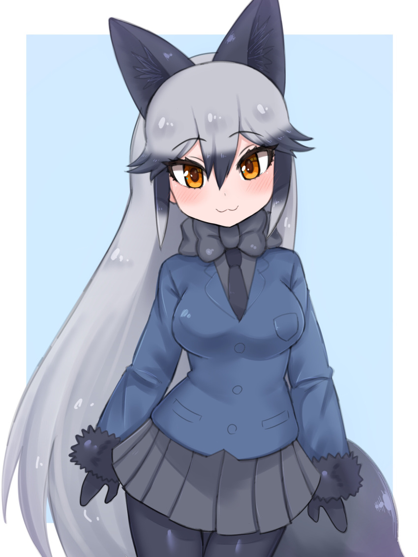 1girl :3 animal_ears aramaru black_fur black_gloves black_legwear black_neckwear blue_coat blush bow bowtie coat commentary_request cowboy_shot extra_ears eyebrows_visible_through_hair fox_ears fox_girl fox_tail fur_trim gloves grey_hair grey_skirt highres kemono_friends long_hair long_sleeves multicolored_hair necktie orange_eyes pantyhose pleated_skirt sidelocks silver_fox_(kemono_friends) silver_hair skirt solo tail