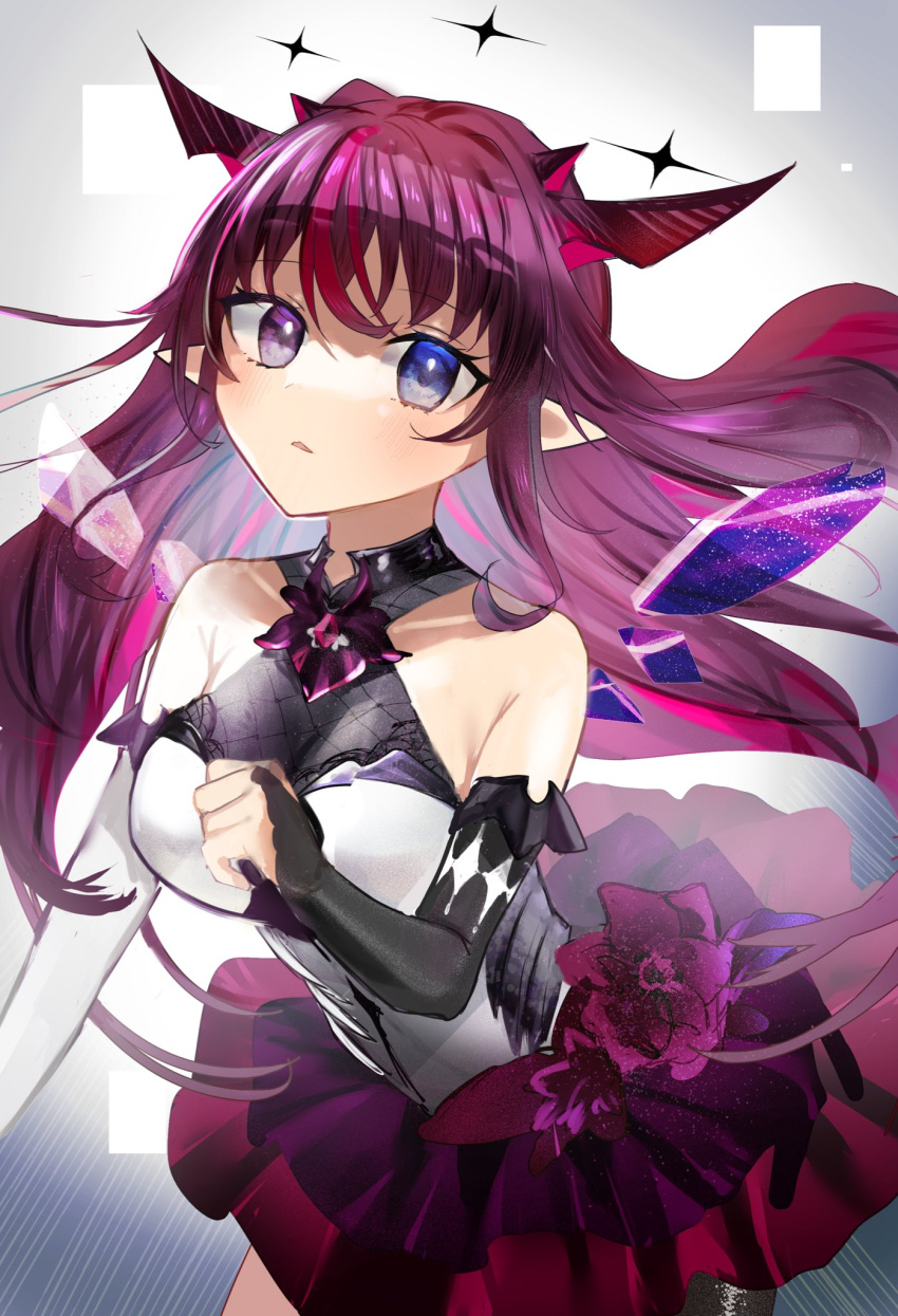 1girl bangs blush breasts clenched_hand detached_sleeves detached_wings floating_hair halter_top halterneck heterochromia highres hololive hololive_english horns irys_(hololive) long_hair looking_at_viewer maka94ma medium_breasts multiple_horns parted_lips pointy_ears purple_hair purple_skirt skirt solo virtual_youtuber wings
