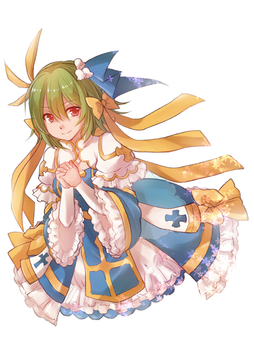 1girl absurdres arch_bishop_(ragnarok_online) bangs blue_dress blue_ribbon bow breasts cleavage_cutout closed_mouth clothing_cutout commentary_request cross dress dress_bow eyebrows_visible_through_hair frilled_dress frilled_sleeves frills full_body green_hair hair_between_eyes hair_bow hair_ribbon highres interlocked_fingers looking_at_viewer manoji medium_breasts official_alternate_costume own_hands_together ragnarok_online red_eyes ribbon sash short_hair simple_background smile solo two-tone_dress white_background white_dress yellow_bow yellow_sash