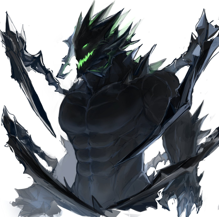1other abs amm134_(anmei_ftnn) arknights black_skin claws colored_skin commentary_request cropped_torso green_eyes highres humanization mon3tr_(arknights) multiple_wings muscular navel open_mouth sharp_teeth simple_background teeth upper_body white_background wings