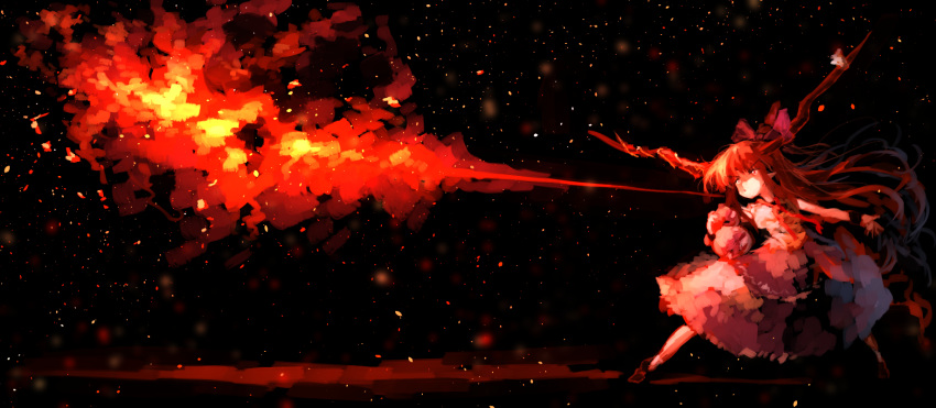 1girl breathing_fire brown_hair dark_background dress fire gourd highres horns ibuki_suika long_hair pointy_ears solo standing sunyup touhou