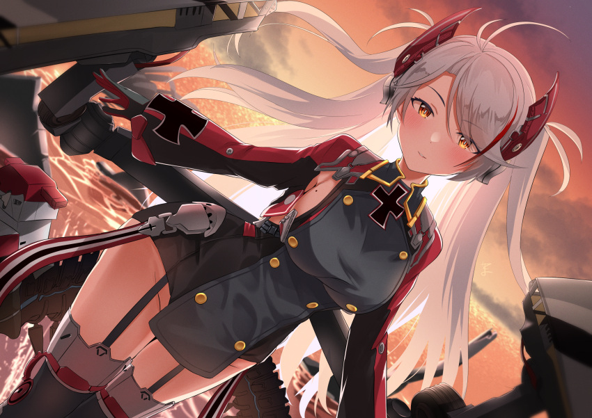 1girl azur_lane bangs breasts clouds cloudy_sky commentary_request eyebrows_visible_through_hair eyes_visible_through_hair garter_straps groin hair_between_eyes hair_ornament highres horizon iron_cross long_hair long_sleeves looking_at_viewer machinery mole mole_on_breast multicolored_hair ocean outstretched_arms prinz_eugen_(azur_lane) sideboob sidelocks silver_hair sky smile solo spread_arms streaked_hair swepot turret twilight two-tone_gloves two_side_up yellow_eyes