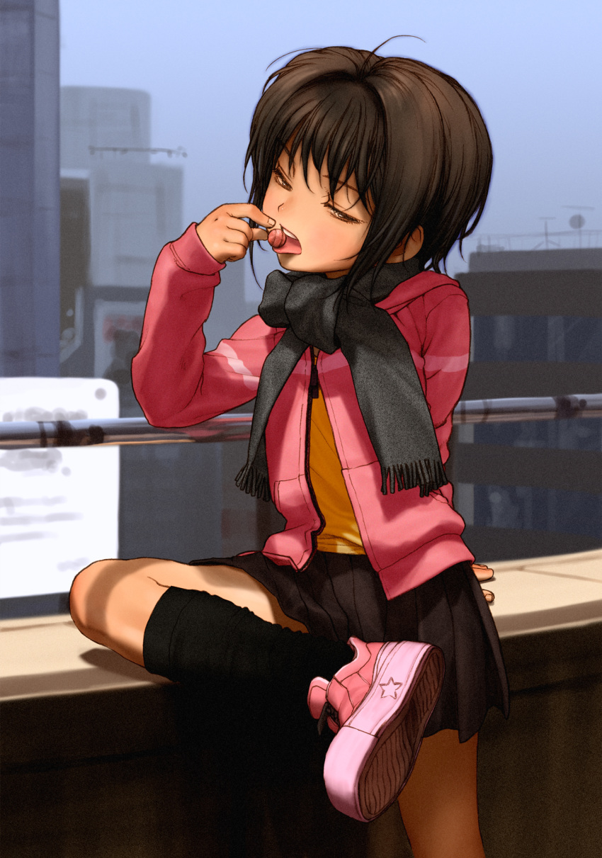 1girl ahoge arm_behind_back arm_support bangs black_legwear black_scarf black_skirt brown_eyes brown_hair building candy child commentary_request day eating film_grain food foot_out_of_frame grey_scarf half-closed_eyes hand_to_own_mouth highres jacket kneehighs leg_up long_sleeves looking_at_viewer miniskirt on_wall open_clothes open_jacket original outdoors pink_footwear pink_jacket pleated_skirt rustle scarf shirt shoes short_hair sitting skirt sneakers solo star_(symbol) tongue tongue_out yellow_shirt