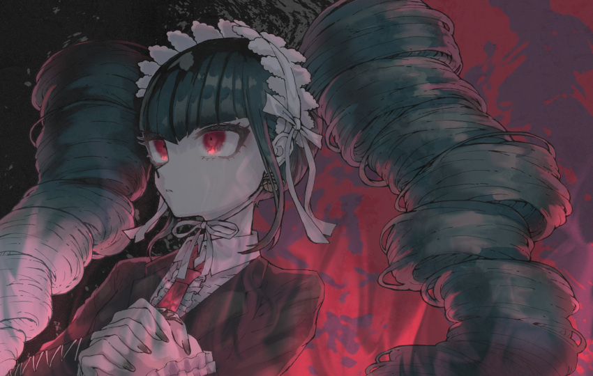 1girl bangs black_background black_hair blunt_bangs brown_jacket celestia_ludenberg center_frills danganronpa:_trigger_happy_havoc danganronpa_(series) drill_hair frills gothic_lolita hairband highres jacket lolita_fashion long_hair looking_at_viewer nail_polish necktie own_hands_clasped own_hands_together red_background red_eyes red_neckwear shiny shiny_hair solo trap_u_(grbt_dr) twin_drills twintails