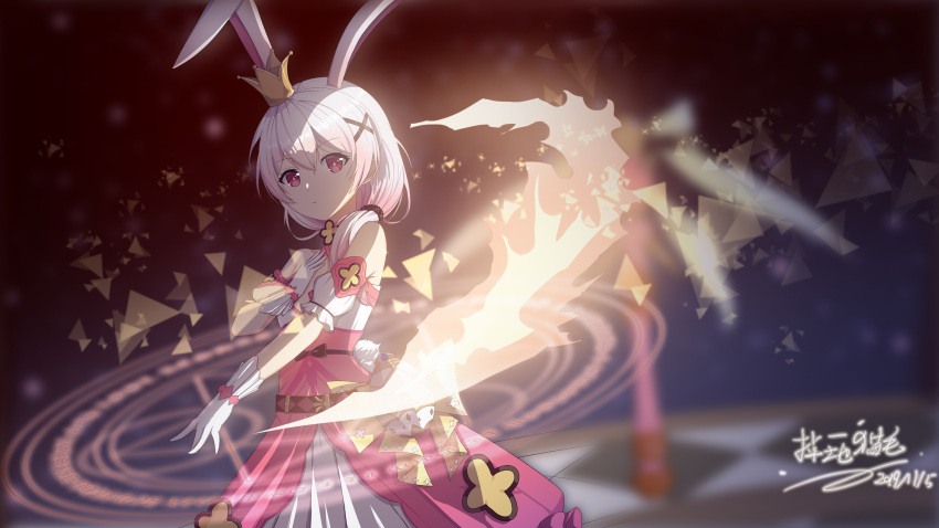 1girl absurdres animal_ears bangs bare_shoulders blurry blurry_background closed_mouth cross_(weapon) crown diaoyidimaomao dress fox_ears gloves highres honkai_(series) honkai_impact_3rd long_hair looking_at_viewer pink_dress pink_eyes pink_hair short_sleeves side_ponytail sleeveless sleeveless_dress solo theresa_apocalypse theresa_apocalypse_(sakura_rondo) white_gloves