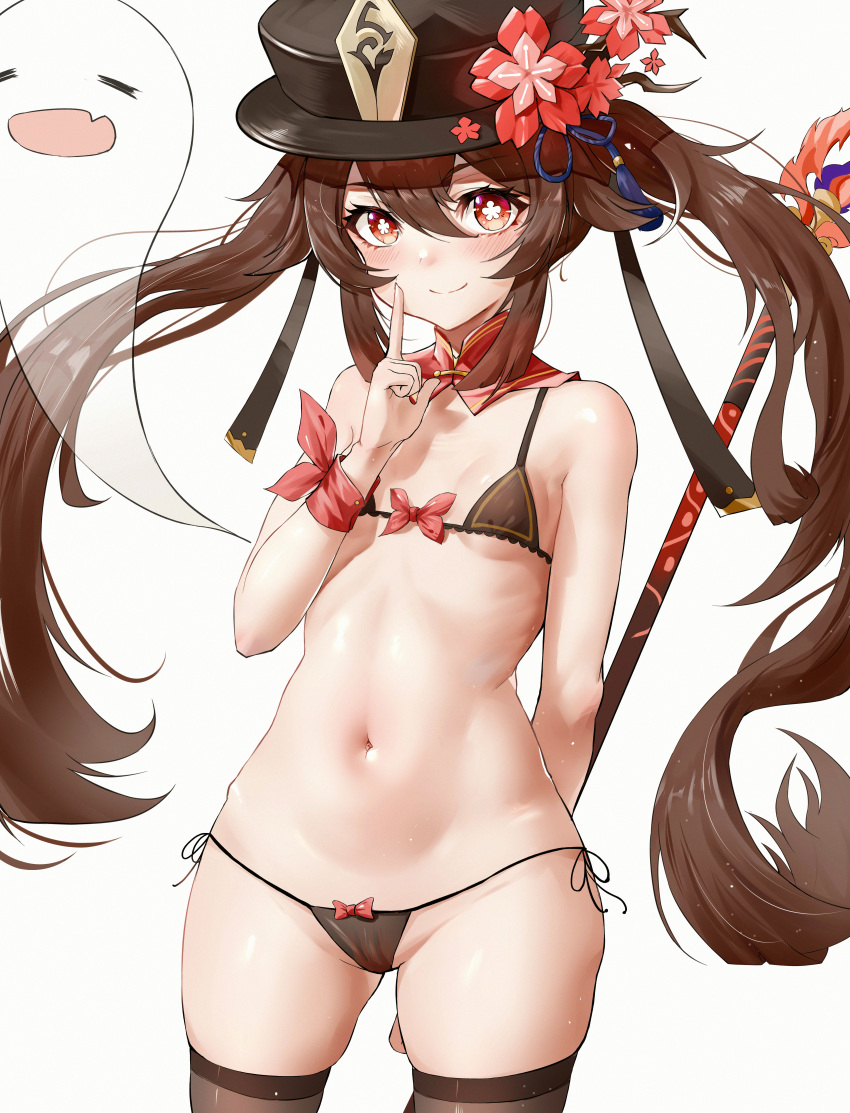 1girl absurdres bare_shoulders bikini black_bikini black_headwear black_legwear blush breasts brown_hair closed_eyes cowboy_shot di_qi_gang_guang fang flower genshin_impact ghost hat highres holding holding_weapon hu_tao_(genshin_impact) index_finger_raised long_hair navel open_mouth panties plum_blossoms polearm red_eyes side-tie_bikini side-tie_panties simple_background small_breasts solo stomach string_bikini swimsuit symbol-shaped_pupils thigh-highs top_hat twintails under_boob underwear very_long_hair weapon white_background