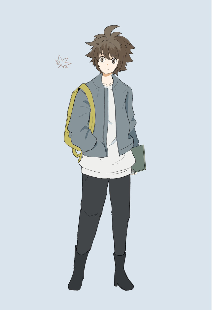 1boy ahoge alternate_costume backpack bag bangs black_footwear book boots brown_eyes brown_hair closed_mouth commentary_request eyebrows_visible_through_hair full_body grey_background hand_in_pocket highres hilbert_(pokemon) holding holding_book jacket male_focus open_clothes open_jacket pants pokemon pokemon_(game) pokemon_bw sakko shirt short_hair solo standing white_shirt yellow_bag