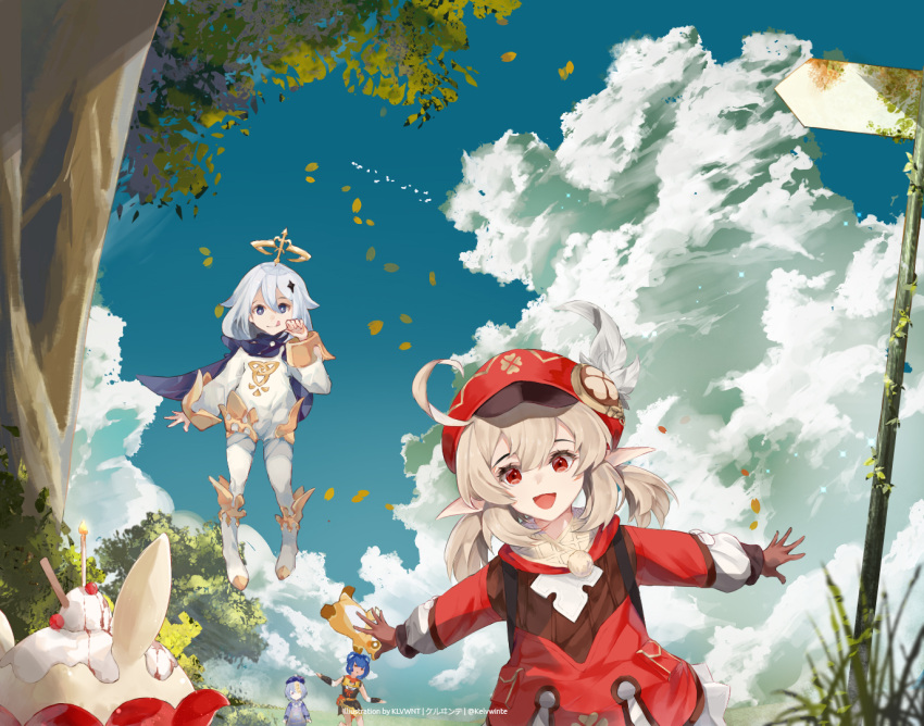 4girls :d ahoge backpack bag bangs black_eyes black_hair bloomers blue_sky cabbie_hat chinese_clothes clouds cloudy_sky clover_print commentary english_commentary eyebrows_visible_through_hair floating genshin_impact guoba_(genshin_impact) hair_between_eyes hat hat_feather hat_ornament jiangshi jumpy_dumpty kelvwinte klee_(genshin_impact) light_brown_hair long_hair long_sleeves low_twintails mechanical_halo multiple_girls open_mouth outstretched_arms paimon_(genshin_impact) pocket pointy_ears purple_hair qing_guanmao qiqi_(genshin_impact) red_eyes red_panda short_hair sidelocks sky smile spread_arms twintails underwear white_hair xiangling_(genshin_impact)
