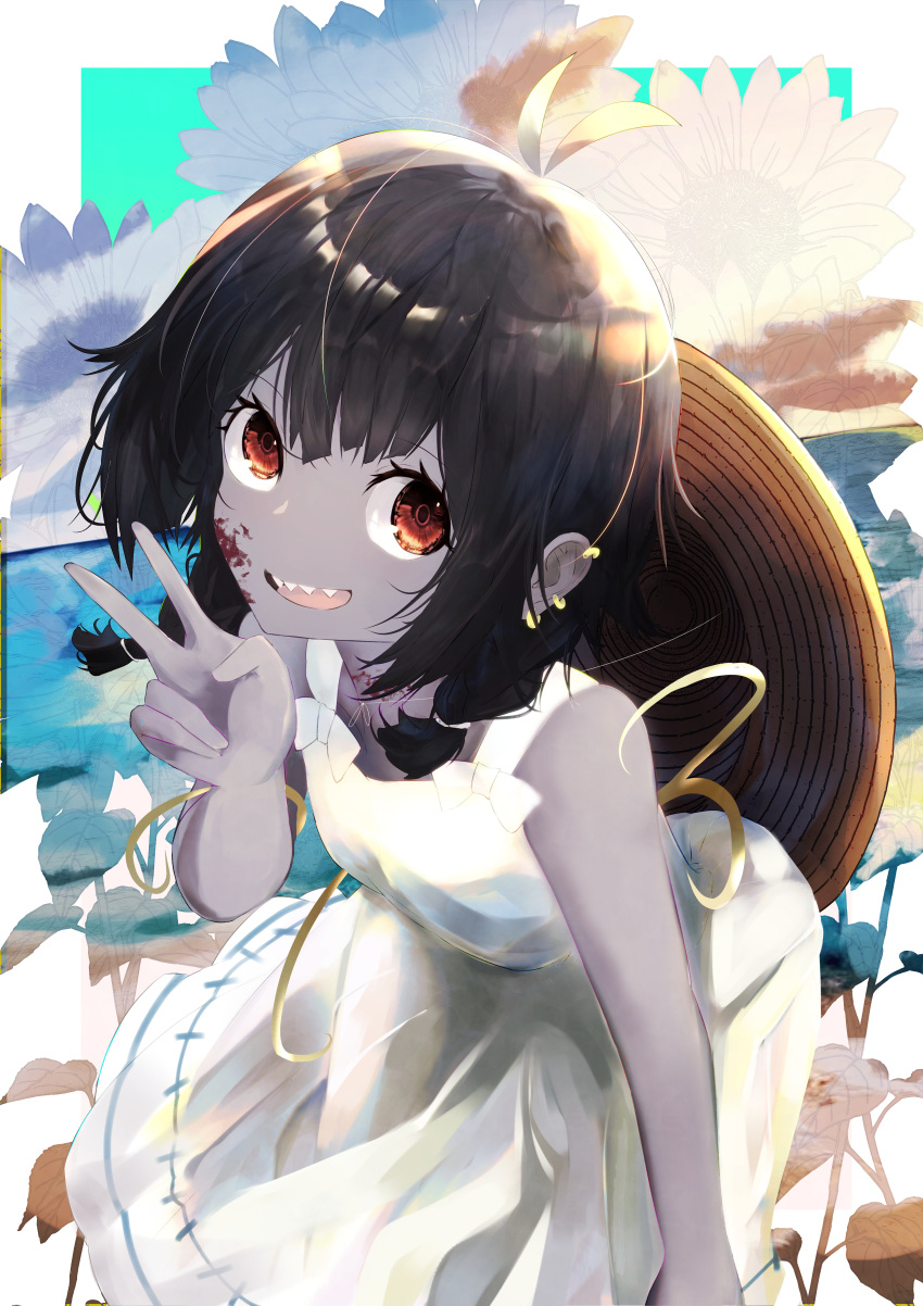 1girl :d absurdres bare_arms bare_shoulders black_hair brown_eyes colored_skin dress ear_piercing eyelashes getto grey_skin hat hat_on_back highres indie_virtual_youtuber leaning_forward looking_at_viewer official_alternate_costume open_mouth piercing sharp_teeth short_hair smile solo straw_hat sun_hat sundress teeth upper_teeth v virtual_youtuber white_dress zombie zonbko