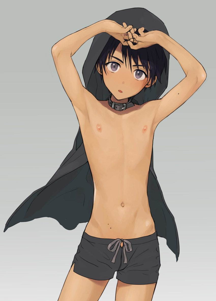 1boy arms_up bangs black_hair black_shorts collar dark-skinned_male dark_skin grey_background grey_collar grey_eyes highres hood hood_up looking_at_viewer male_focus nipples original parted_lips pillow_(nutsfool) short_shorts shorts shota simple_background solo topless_male