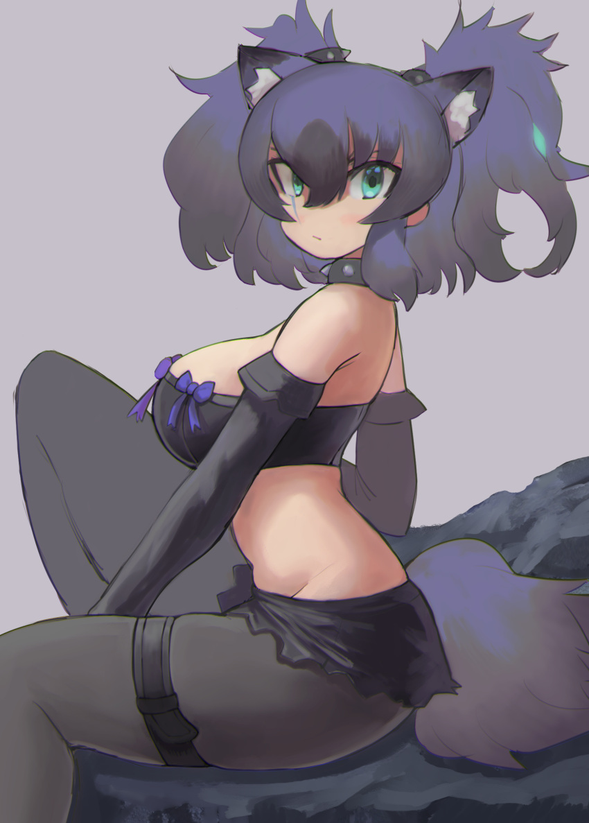 1girl :/ absurdres animal_ear_fluff animal_ears back bangs bare_shoulders big_hair black_hair bow cerberus_(kemono_friends) closed_mouth collar collarbone dog_ears elbow_gloves extra_ears fang fang_out from_side gloves glowing glowing_hair grey_background hair_between_eyes hair_rings highres kemono_friends knee_up legwear_under_shorts looking_at_viewer lowleg lowleg_shorts midriff multicolored_hair pantyhose purple_hair scar scar_across_eye scar_on_face short_shorts shorts sidelocks simple_background sitting solo spiked_collar spikes stomach strapless tail tube_top two-tone_hair two_side_up v-shaped_eyebrows zuchi00