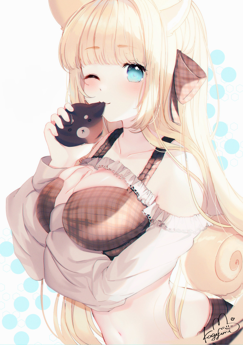 1girl absurdres animal_ears bangs bare_shoulders between_breasts black_shirt blonde_hair blue_eyes blunt_bangs breasts collarbone crop_top hand_up highres holding kagefumi large_breasts long_hair long_sleeves looking_at_viewer midriff navel off_shoulder one_eye_closed original plaid revealing_clothes shirt shrug_(clothing) sleeveless sleeveless_shirt smile solo stomach tail upper_body very_long_hair